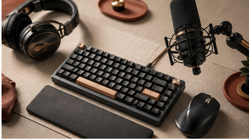 Premium creator desk with microphone, headphones, and tactile controls thumbnail